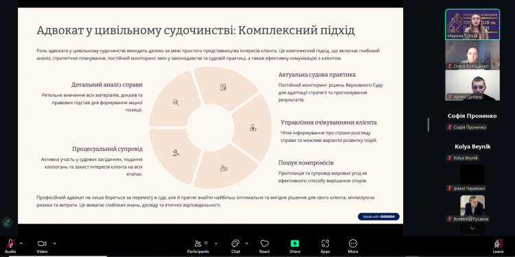 20 листопада 2025 року відбувся майстер-клас на тему: "Адвокат у цивільному судочинстві: алгоритм дій та тактичні прийоми" (співкерівники Ольга ВОЛОЩЕНКО і Артем ЦИБАНЬ) на базі наукового гуртка «Школа приватного права», який діє при кафедрі цивільно-правових дисциплін юридичного факультету.